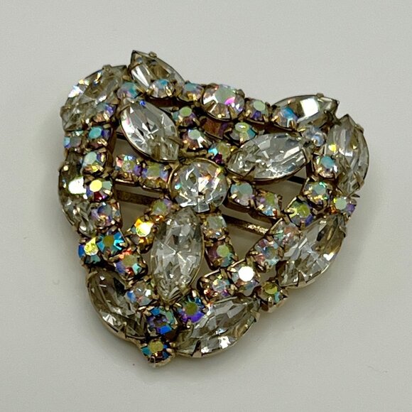 Large Vintage 1950s Heart Shaped Rhinestones Brooch Pin Layered - Picture 8 of 12